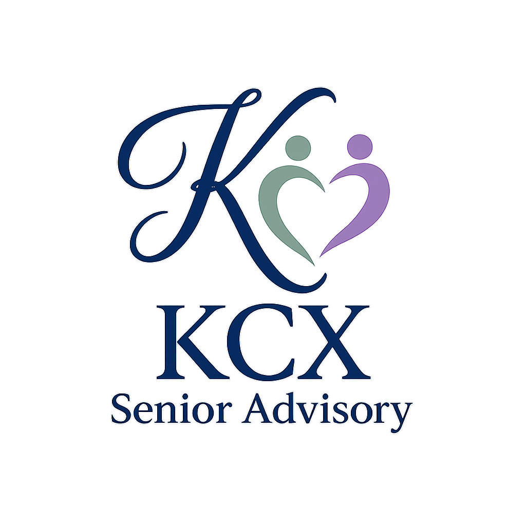 Logo for KCX Senior Advisory featuring a large stylized letter 'K' intertwined with a heart shape, and the words 'KCX Senior Advisory' below.