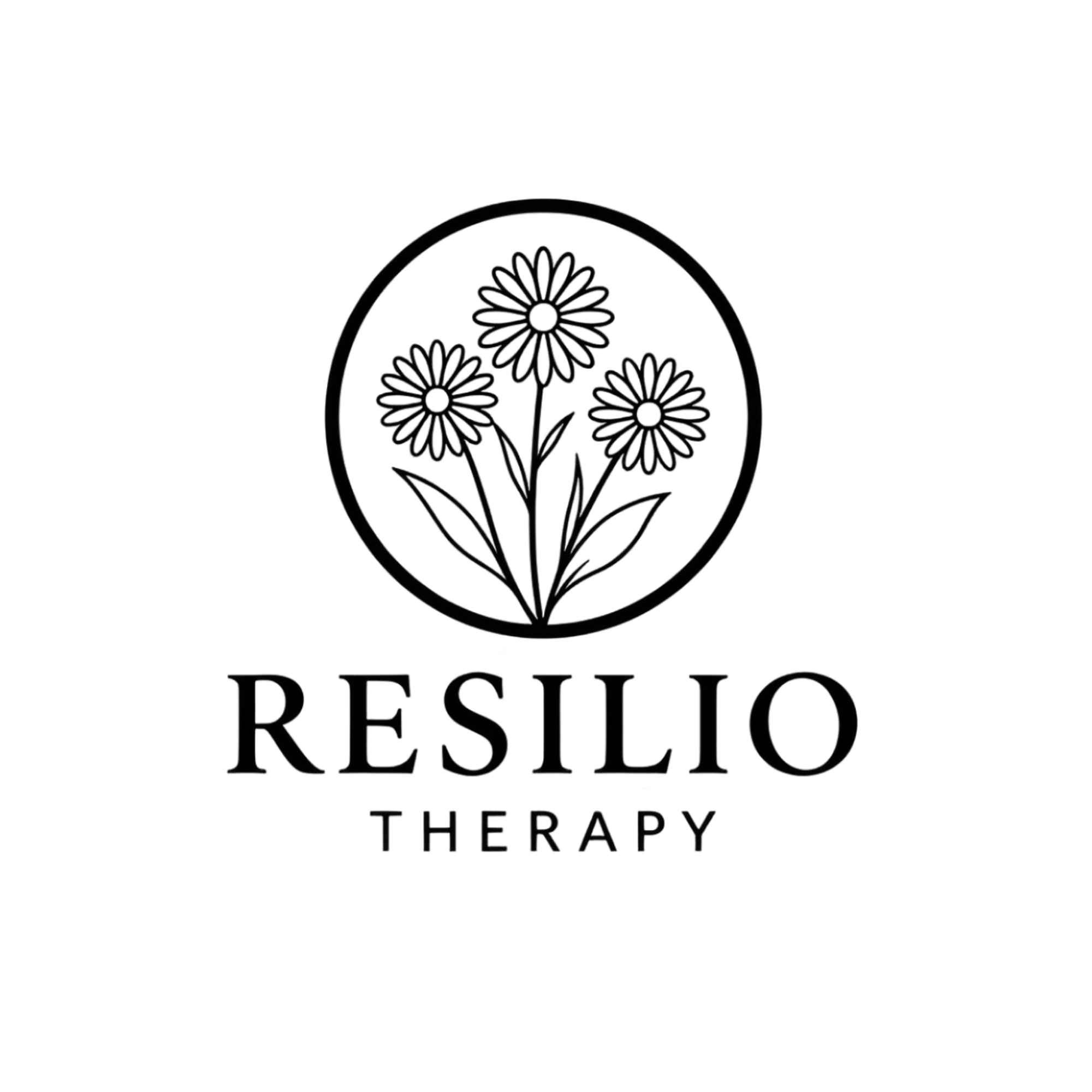 Logo featuring a circular emblem with three daisy-like flowers, and the text 'RESILIENCE' and 'THERAPY' below it, indicating mental health or therapy services.
