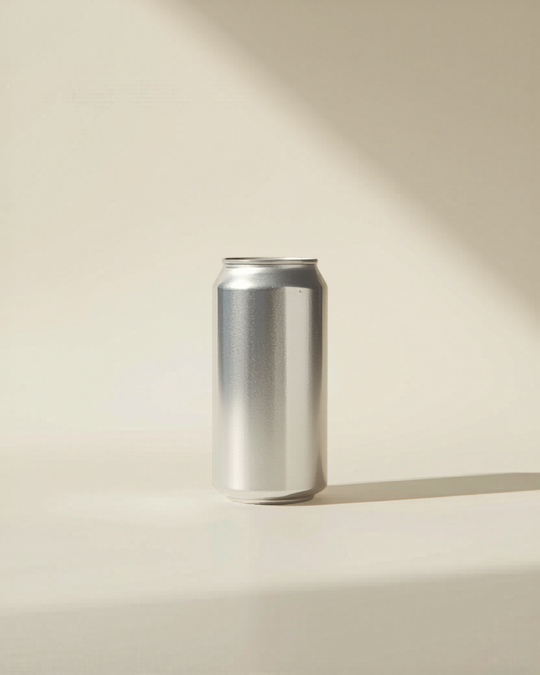 A plain, unbranded, aluminum soda can standing upright on a flat surface, casting a shadow to the right with a softly lit, neutral background.