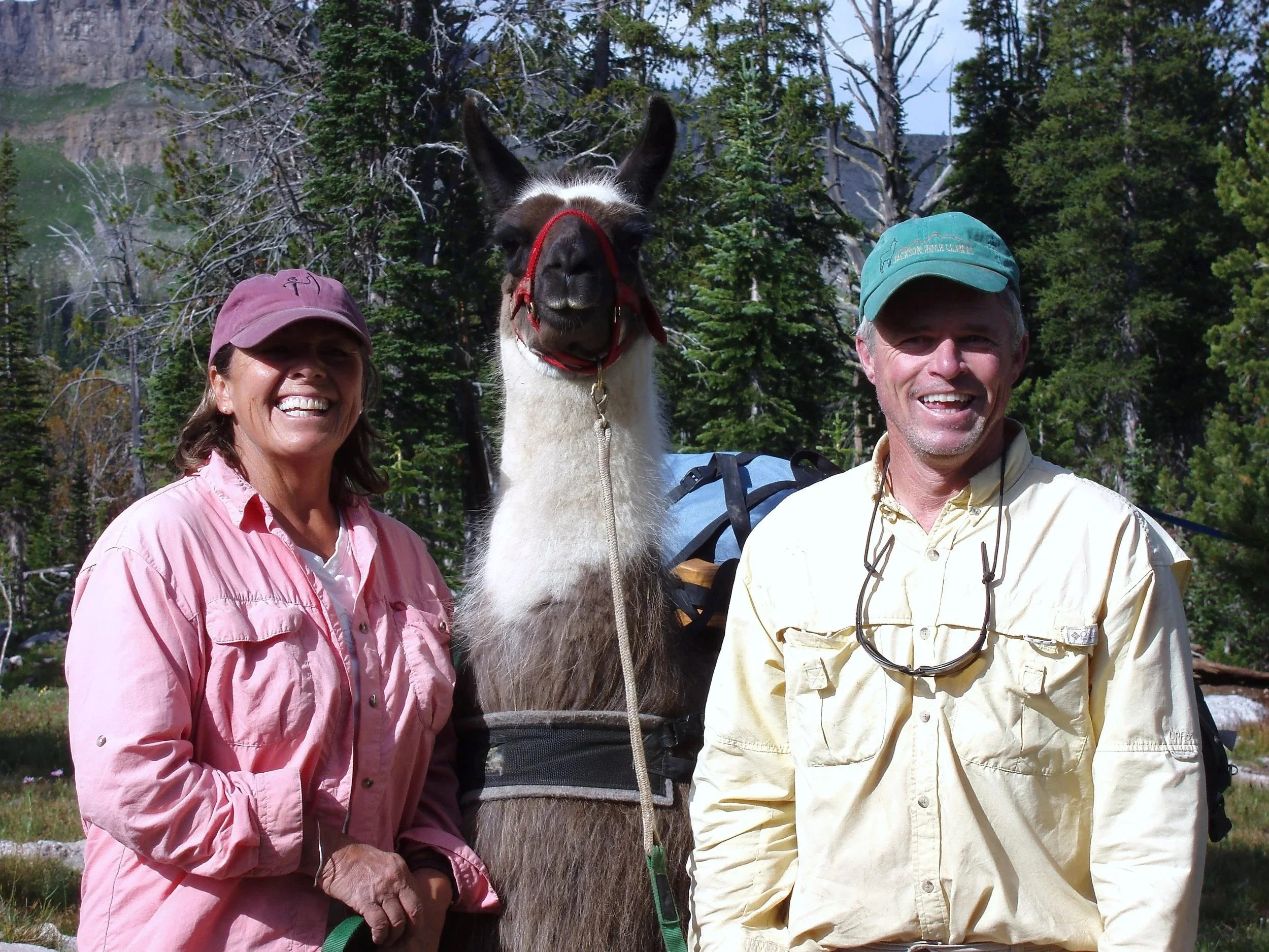 Dave Hodges and his wife Jill with a llama between them. The llama has a red halter and is in a forested area with trees and mountains in the background.