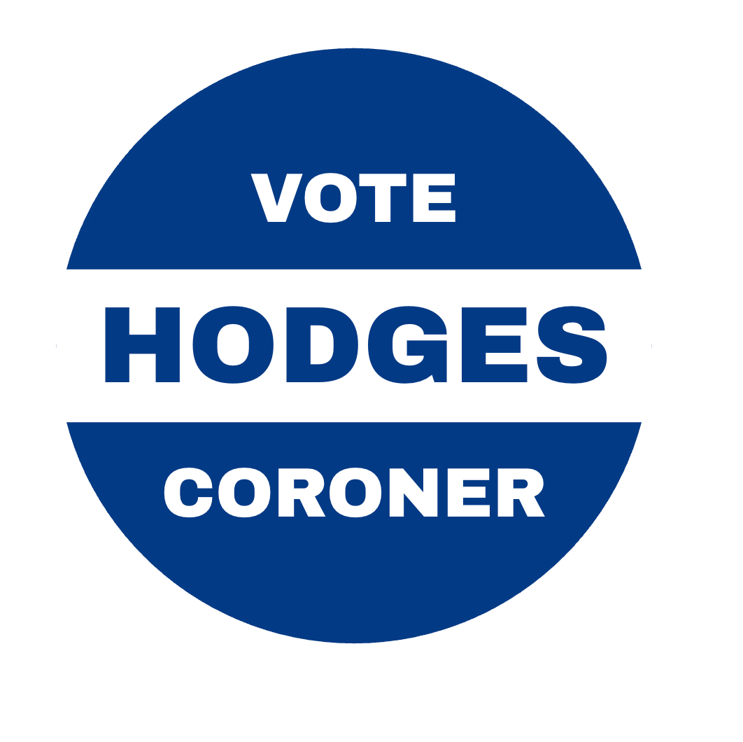 Dave Hodges' campaign logo with a blue and white design that reads 'Vote Hodges Coroner'.