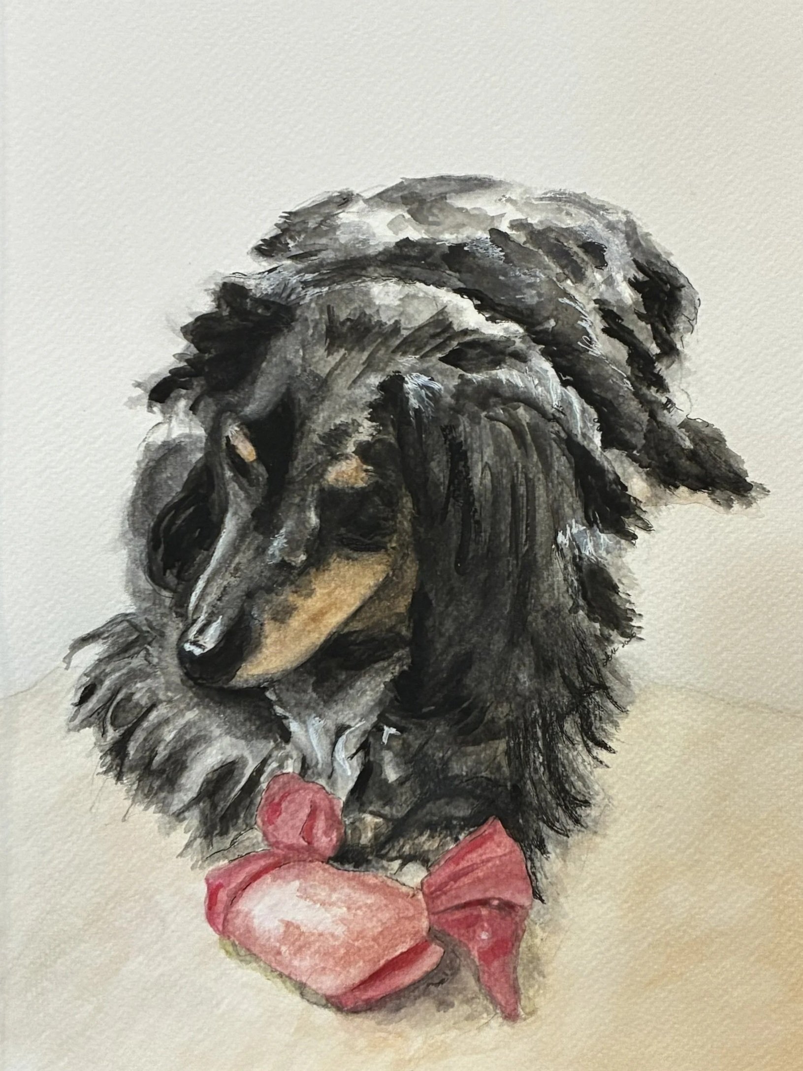 A watercolor painting of a person with wild, gray hair and a beard, with a red scarf or bow around the neck.