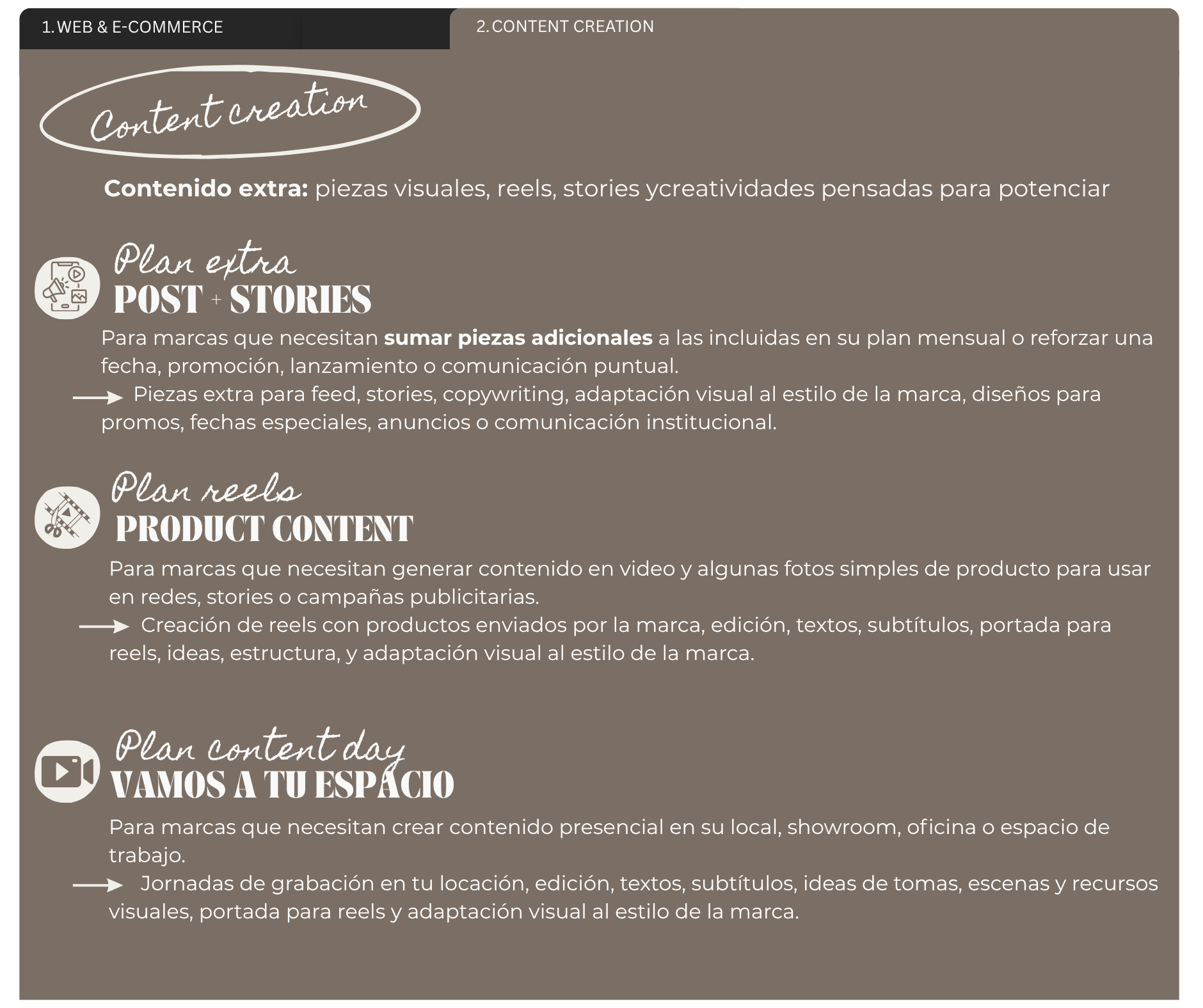 A digital graphic with a dark background and various sections discussing content creation strategies, including extra pieces for post and stories, reels, and content day plans, with icons representing video recording and social media engagement.