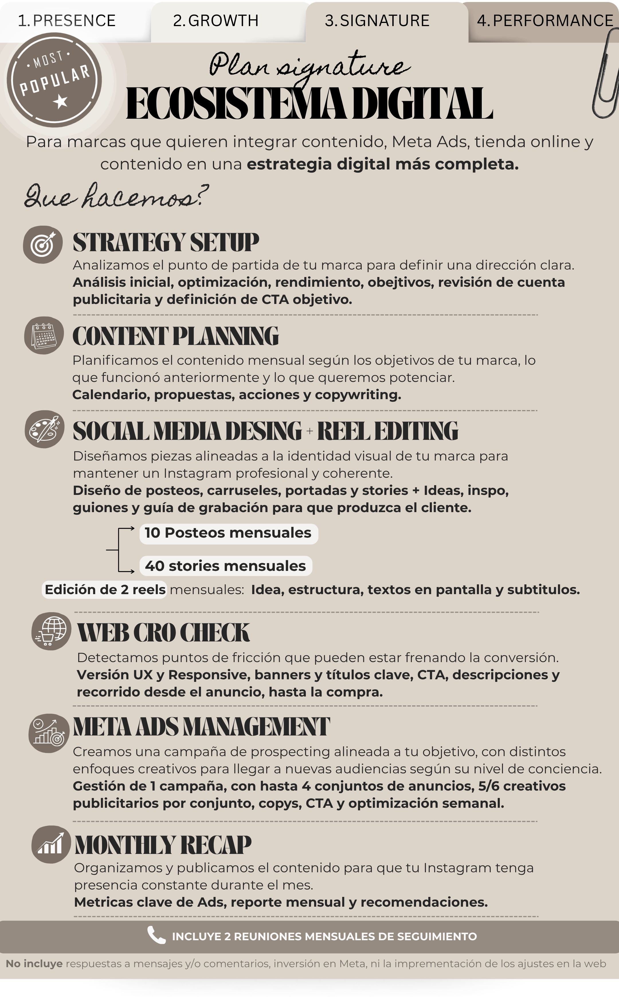 A detailed marketing strategy plan in Spanish printed on paper, including sections on presence, growth, signature, and performance, with subtopics on digital strategy, content planning, social media design, web checkout, and ad management, accompanied by icons and bullet points.