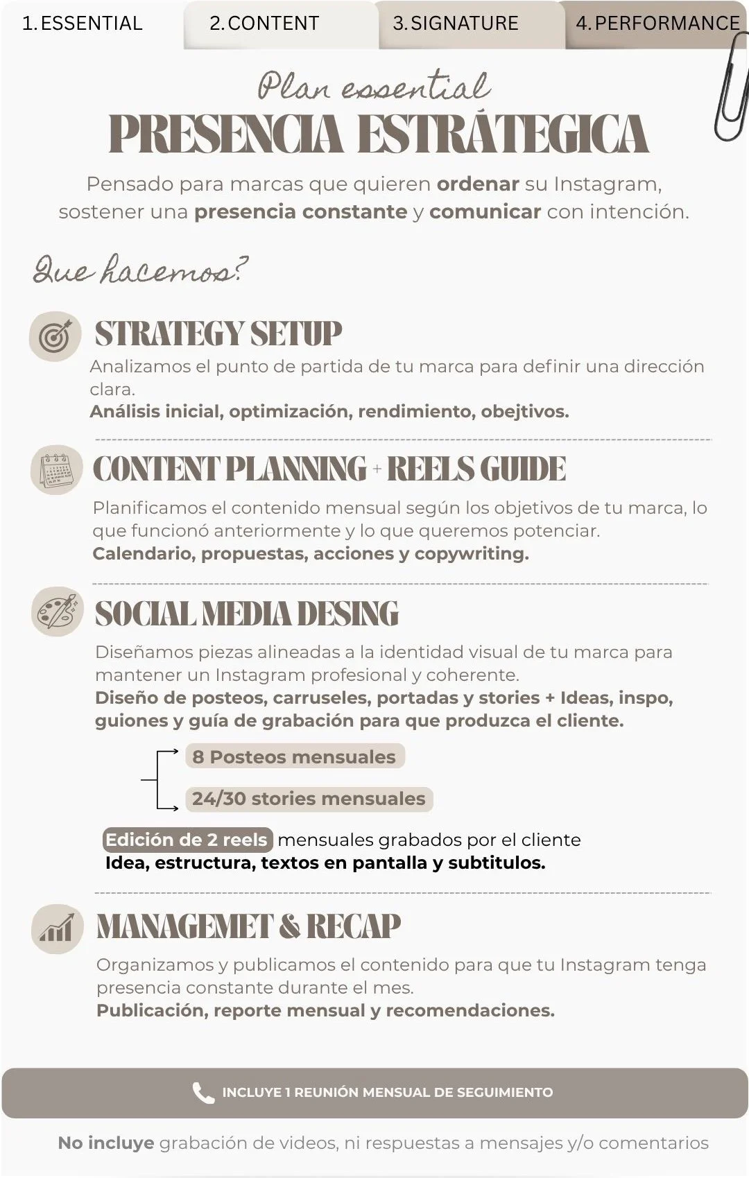 A Spanish-language marketing plan document titled 'Plan essential' focuses on strategic social media presence. It includes sections on strategy setup, content planning (reels and posts), management, and recap, with details about content scheduling, ideas, and monthly reports, and an emphasis on ongoing monitoring and client deliverables.