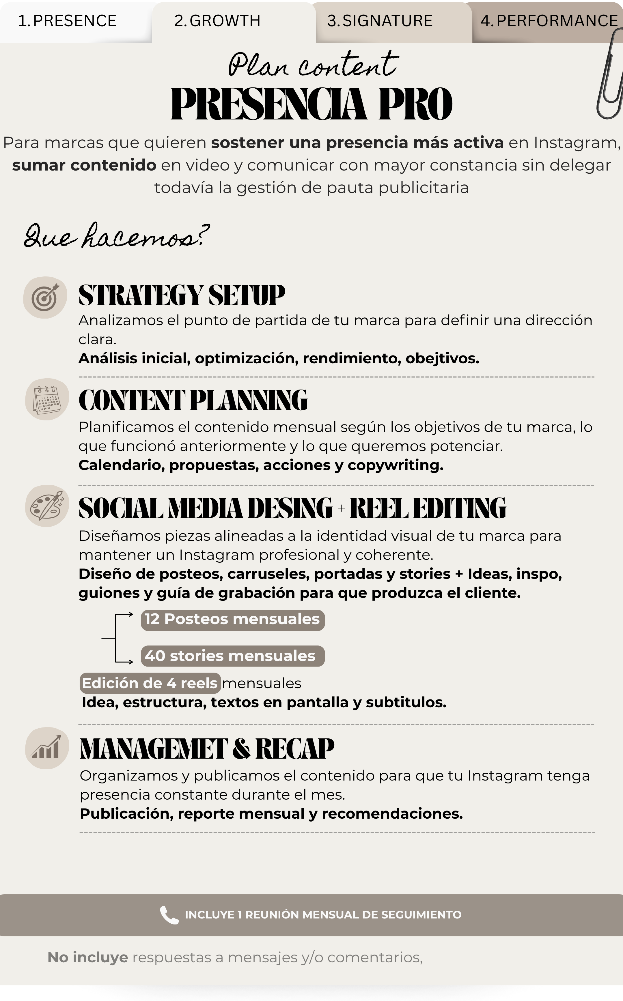 A digital marketing plan outline in Spanish with sections on presence, growth, signature, performance, strategy setup, content planning, social media design, management and recap, and a monthly follow-up meeting.