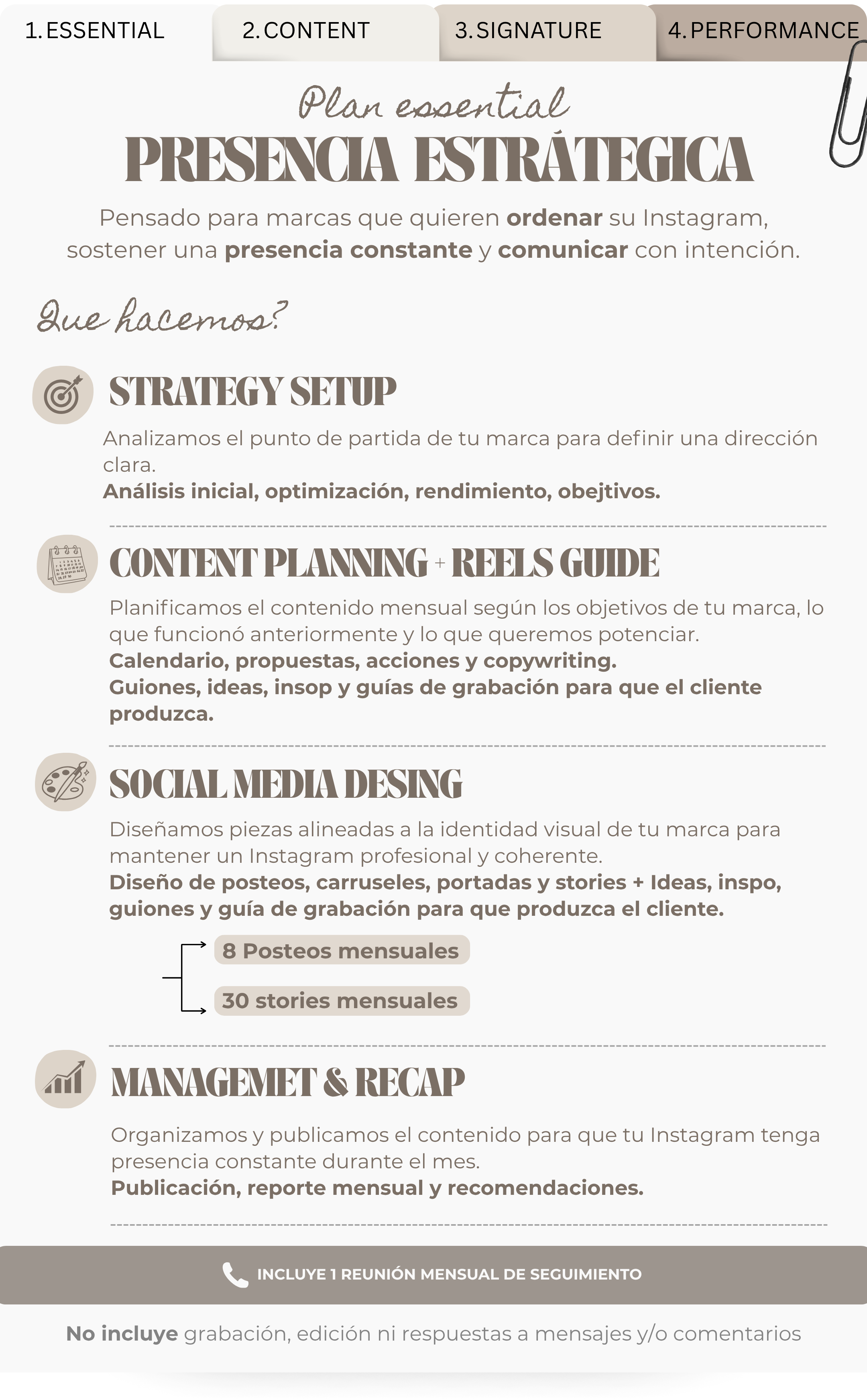 A Spanish-language marketing plan document titled 'Plan essential' focuses on strategic social media presence. It includes sections on strategy setup, content planning (reels and posts), management, and recap, with details about content scheduling, ideas, and monthly reports, and an emphasis on ongoing monitoring and client deliverables.