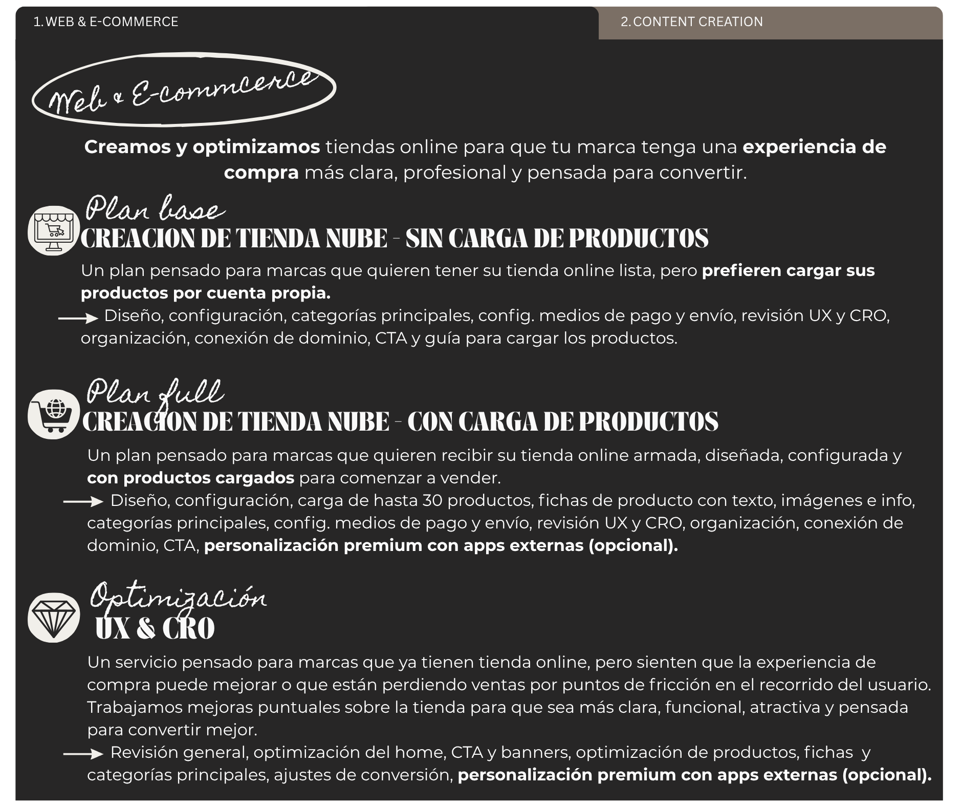A digital marketing services overview with sections on web and e-commerce, content creation, store creation without product loading, store creation with product loading, and UX and CRO optimization. It features icons representing each service type, such as a store, a globe, a shopping cart, and a diamond, along with Spanish text describing various digital services like store setup, design, configuration, UX, CRO, and external app integrations.