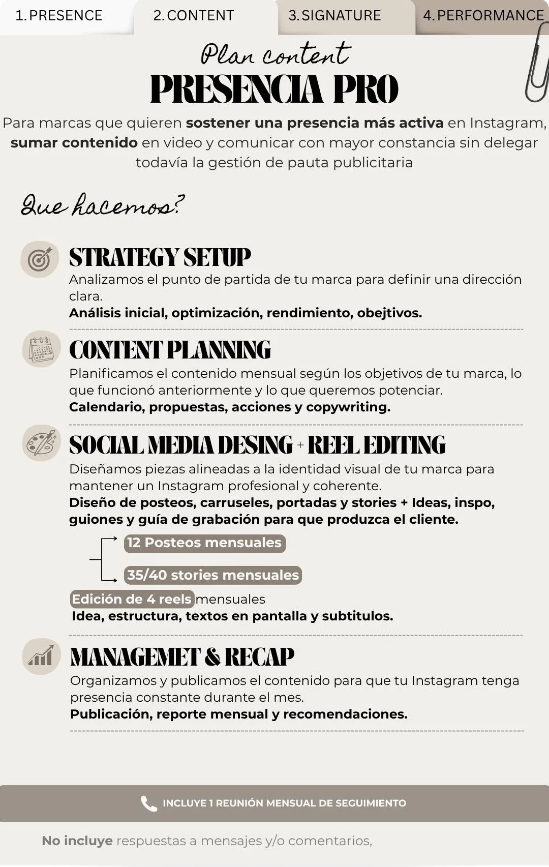 A digital marketing plan outline in Spanish with sections on presence, growth, signature, performance, strategy setup, content planning, social media design, management and recap, and a monthly follow-up meeting.