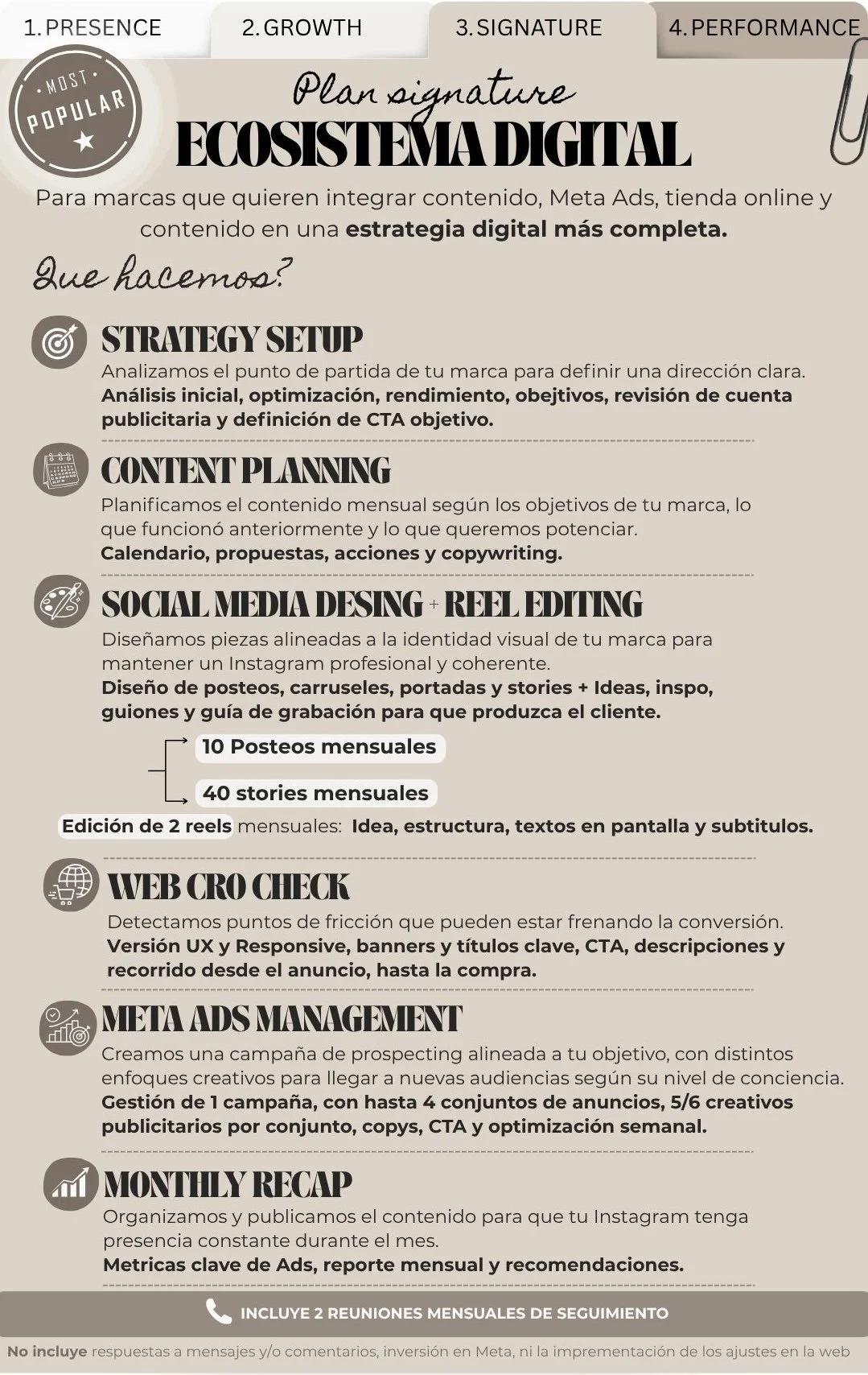 A detailed marketing strategy plan in Spanish printed on paper, including sections on presence, growth, signature, and performance, with subtopics on digital strategy, content planning, social media design, web checkout, and ad management, accompanied by icons and bullet points.