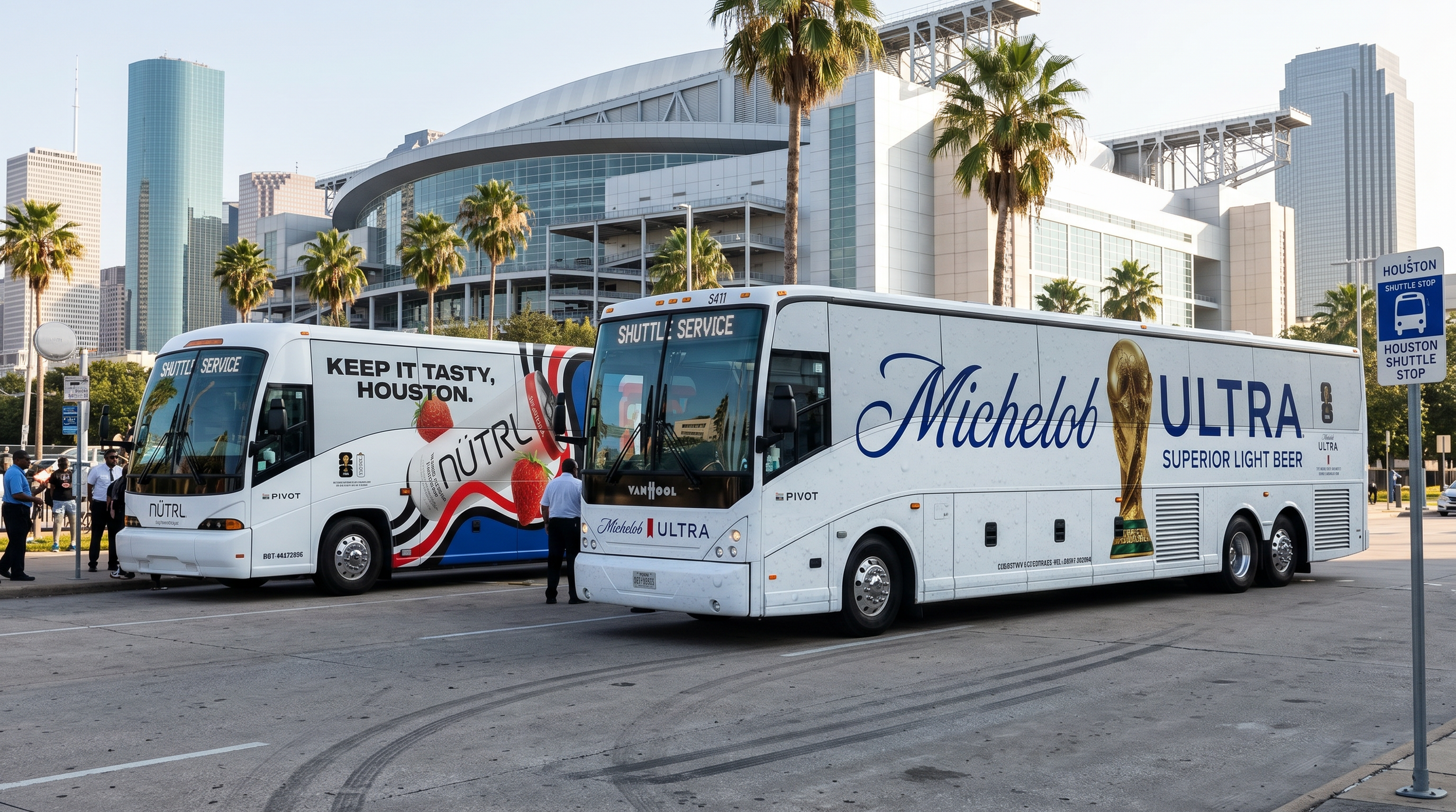 Two shuttle buses parked outside a modern building in Houston. The first bus has an advertisement for Nutrl, a lime-flavored alcohol beverage, with strawberries and a straw, and the second bus is branded for Michelob Ultra beer. Several people are standing nearby, and the background features tall skyscrapers and palm trees.