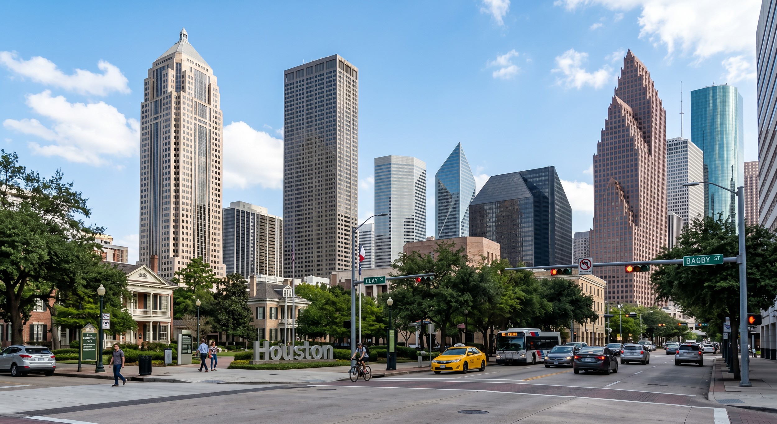 Downtown Houston skyline with tall skyscrapers, trees, and people walking in a city park area.