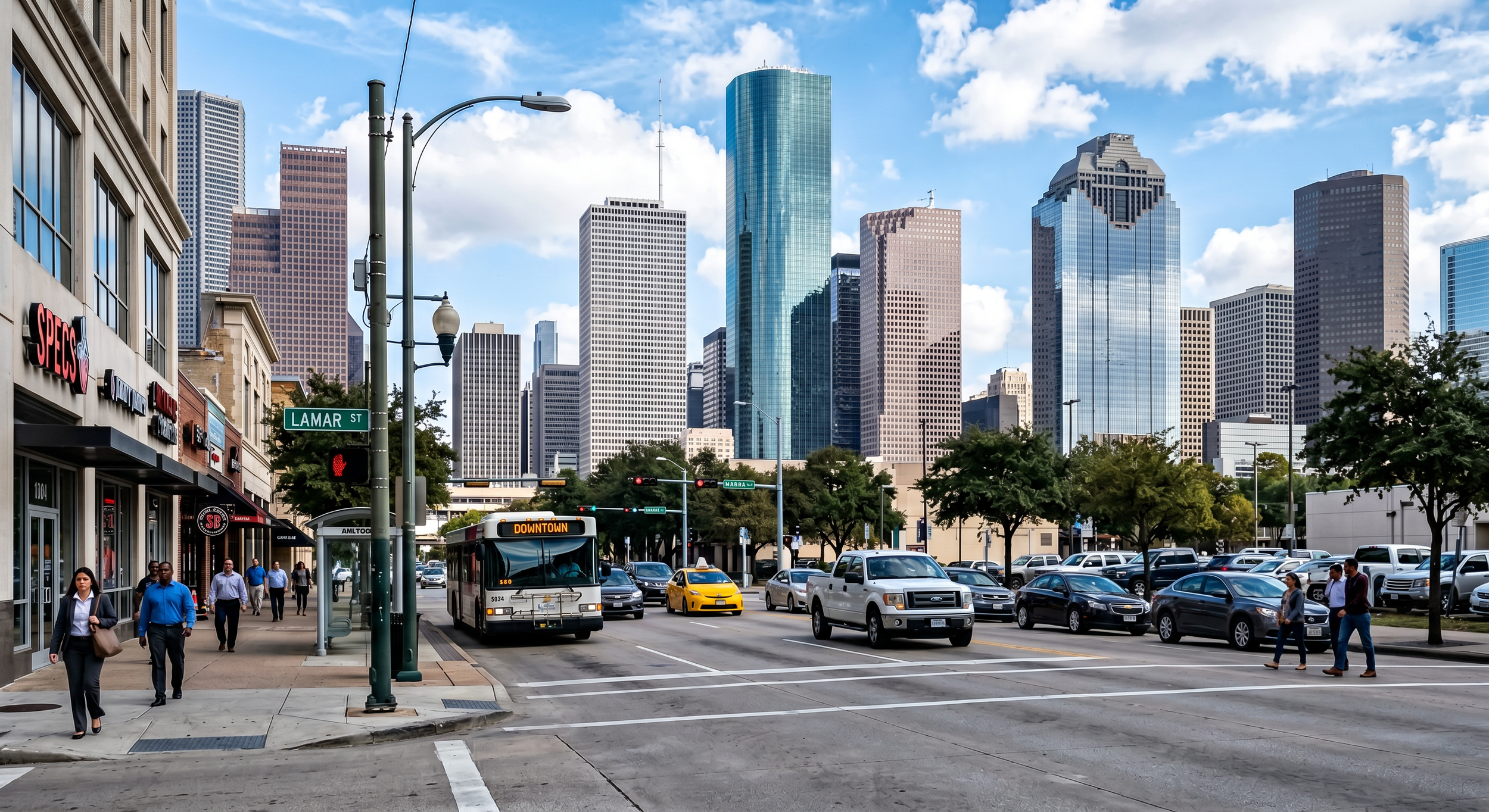 Downtown city street with high-rise buildings, people walking on the sidewalk, cars and buses on the road, and street signs including Lamar Street.