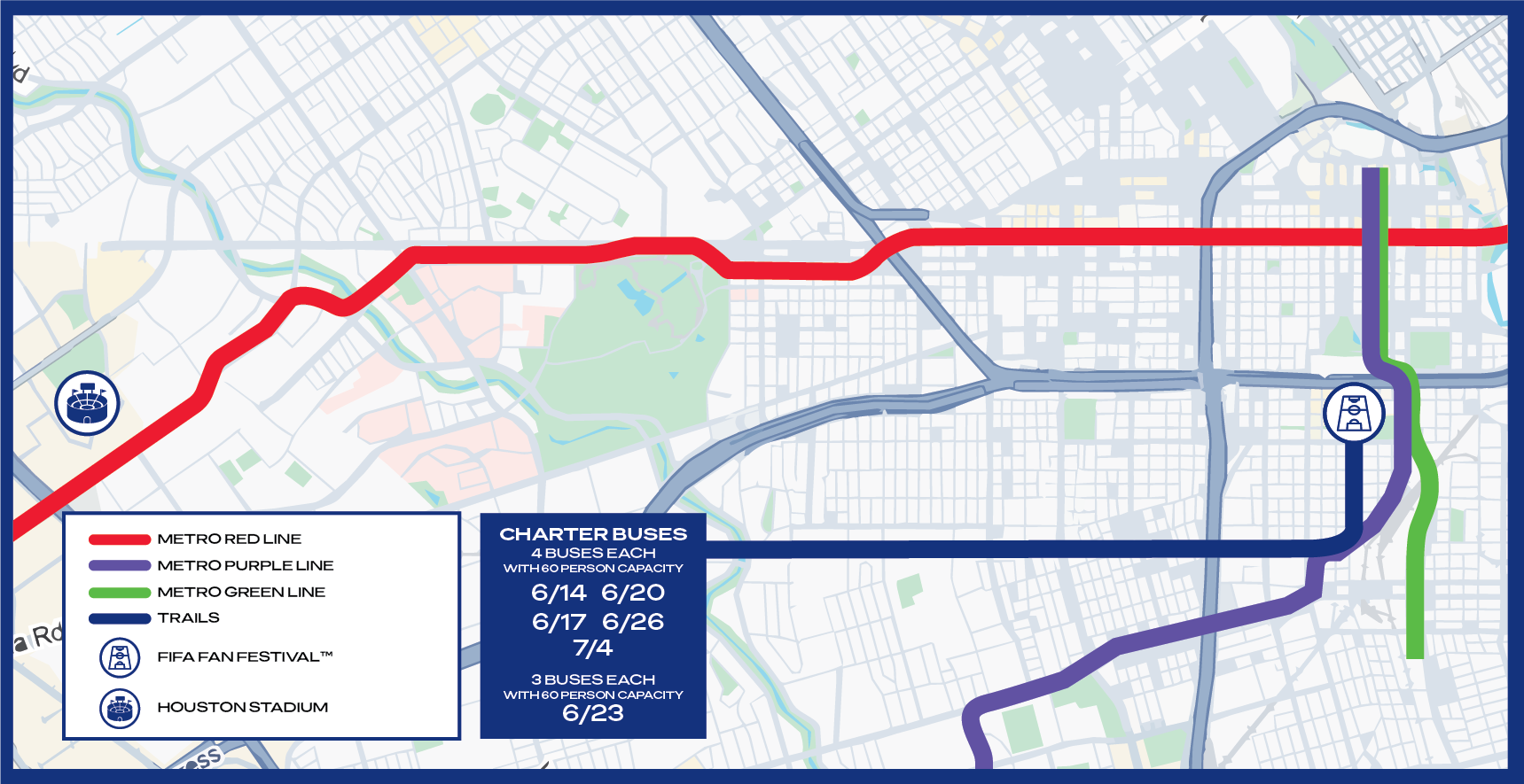 Map showing different metro lines, including the red metro line, purple metro line, and green metro line, with icons for FIFA Fan Festival and Houston Stadium, and a legend detailing bus schedules and capacities.