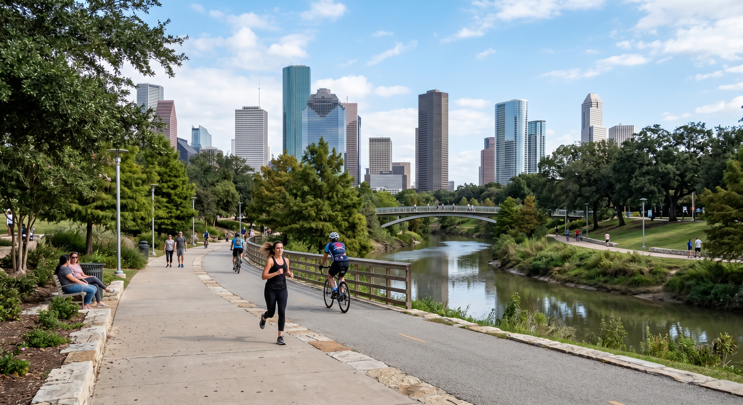 People walking, jogging, and biking along a scenic byway in a city park, with a river and lush greenery, and a city skyline with tall buildings in the background.