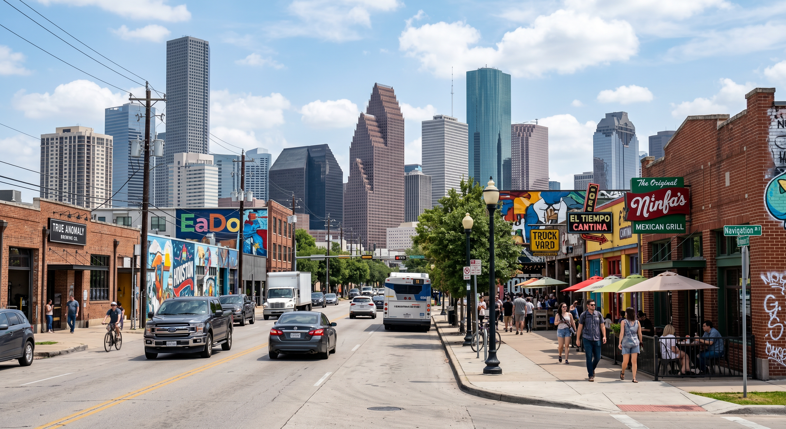 Street scene in downtown Houston with cars, pedestrians, colorful storefronts, murals, and tall skyscrapers in the background under a partly cloudy sky.