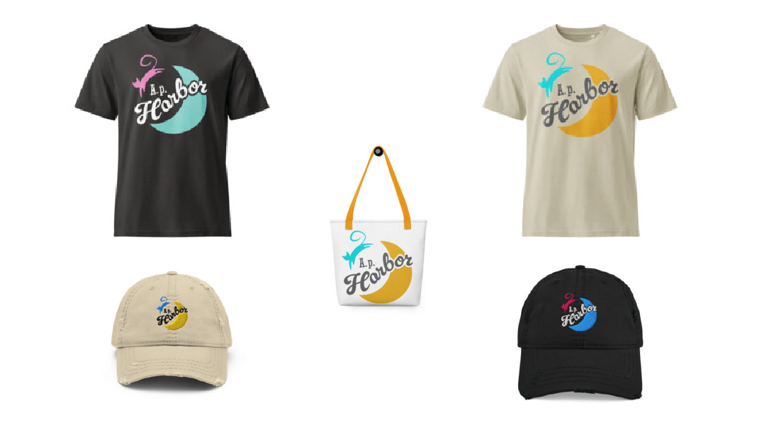 Examples of merchandise with A.p. Harbor logo imprinted on it including a black t-shirt, a tan t-shirt, a tan hat, a white tote bag, and a black hat.