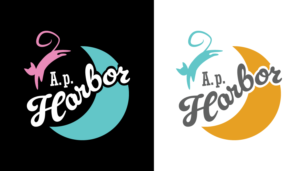 Two A.p. Harbor logos with cat leaping over a moon and A.p. Harbor written crossing the moon. One logo is white text with a pink cat and blue moon. The other logo is charcoal gray text with a blue cat and a yellow moon.