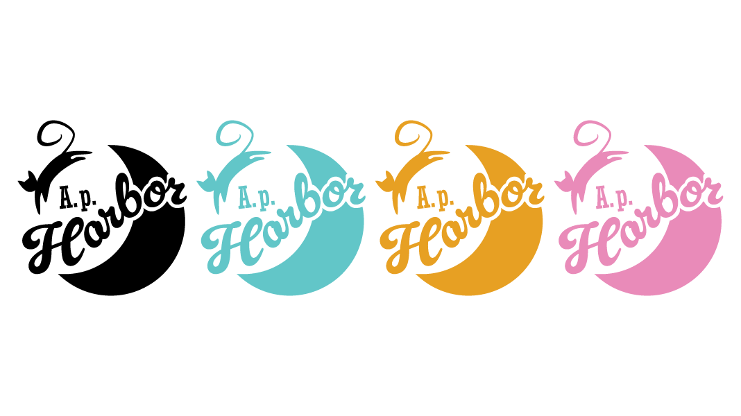 One color version options of the A.p. Harbor logo. The first is black. The second is blue. The third is gold. The fourth is pink.