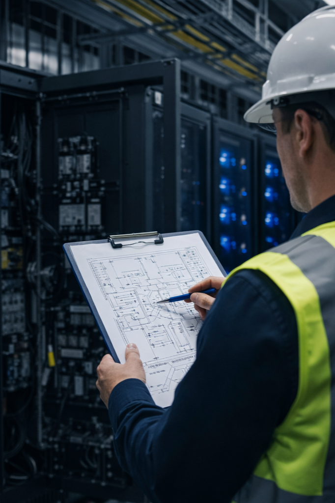 A technician in safety gear inspecting electrical equipment in a server room, holding a clipboard with technical diagrams.