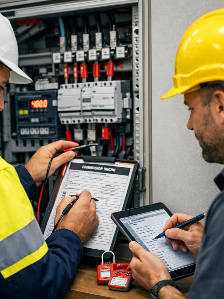 Two electricians working on an electrical panel, reviewing a clipboard and a tablet with checklists, with testing equipment on the table.
