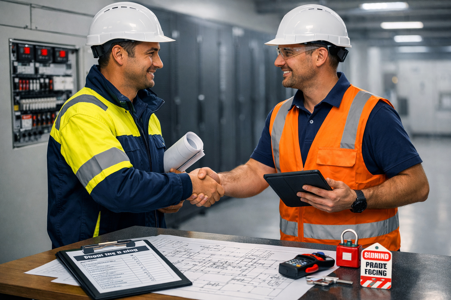 Two construction workers, wearing safety helmets and reflective vests, shaking hands in a building utility room with electrical panels in the background.