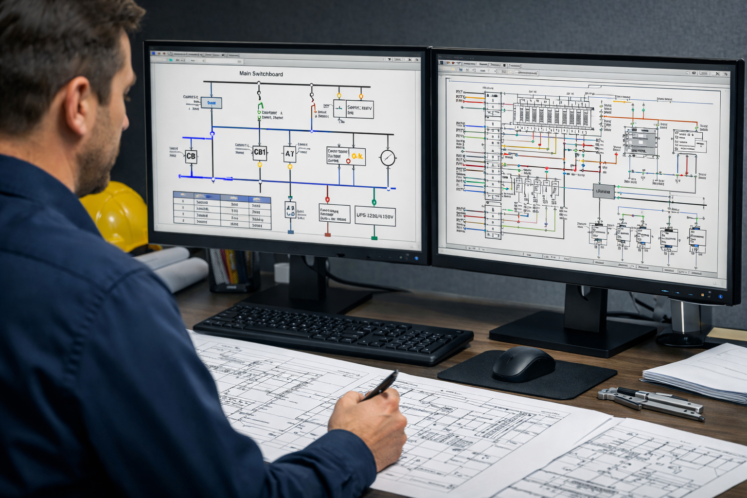 Engineer working on electrical schematics at a dual monitor workstation with blueprints, keyboard, mouse, and tools on desk.