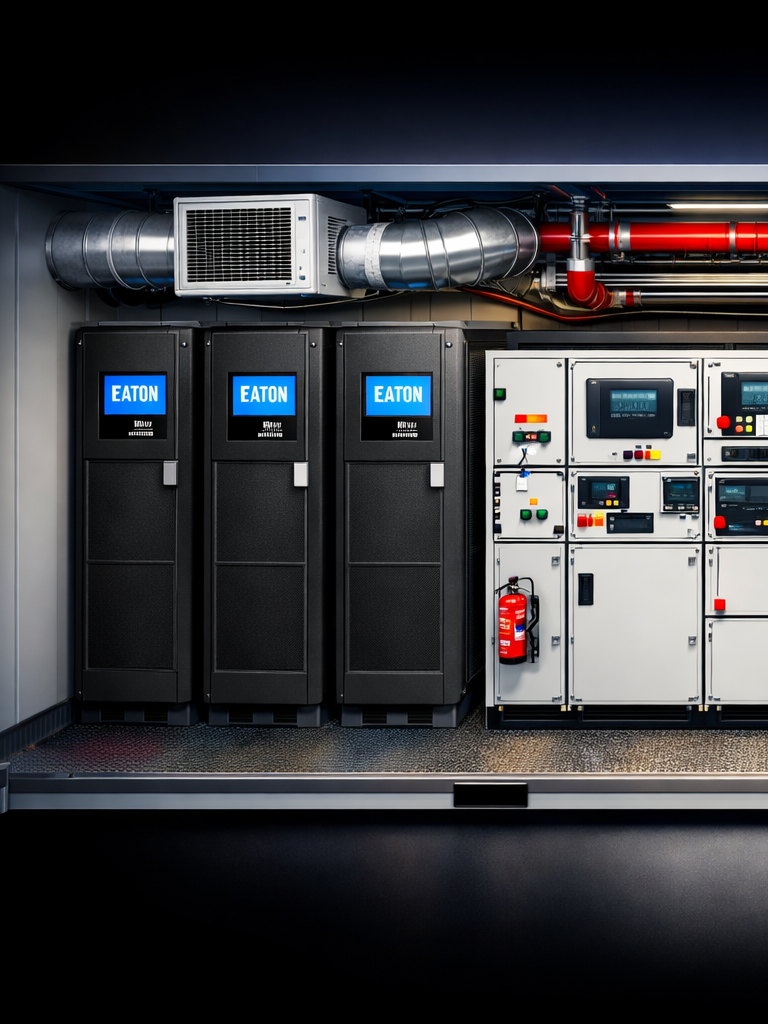 Industrial control room with three black Eaton server units, control panels, and ventilation ducts on the ceiling.