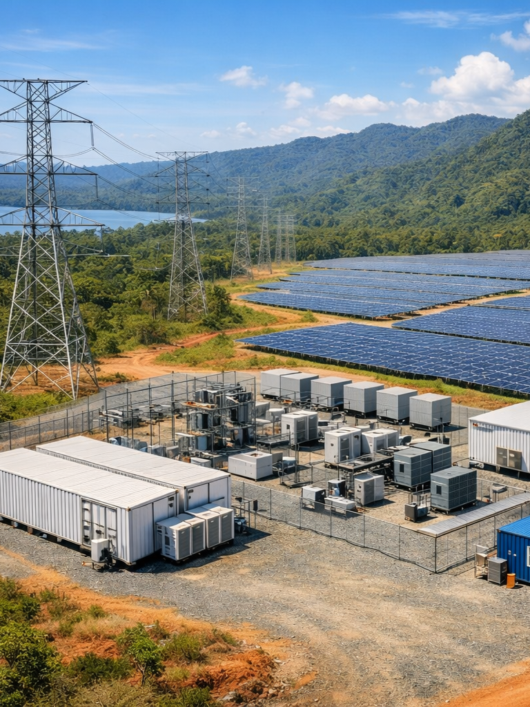 Solar panels and electrical infrastructure at a renewable energy facility in a mountainous area with blue skies.
