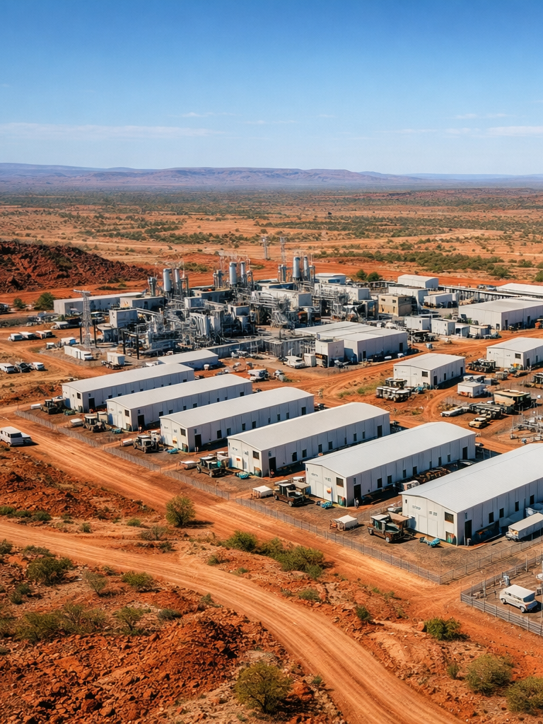 An industrial facility with multiple white modular buildings and tall equipment structures in a desert landscape under a clear blue sky.