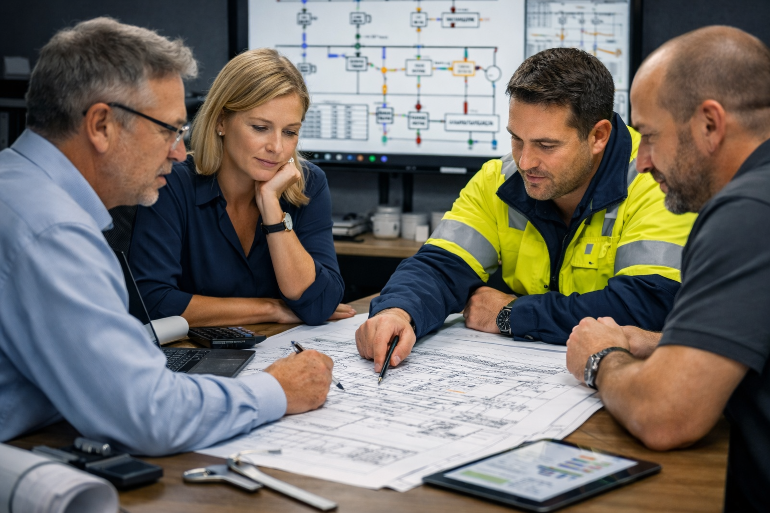 Group of five professionals examining technical blueprints at a conference table, with engineering diagrams displayed on a screen behind them.