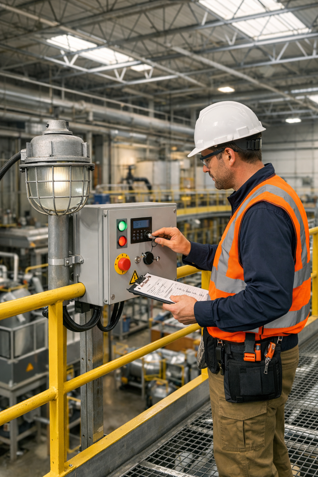 A worker in safety gear operating control panel in an industrial factory.