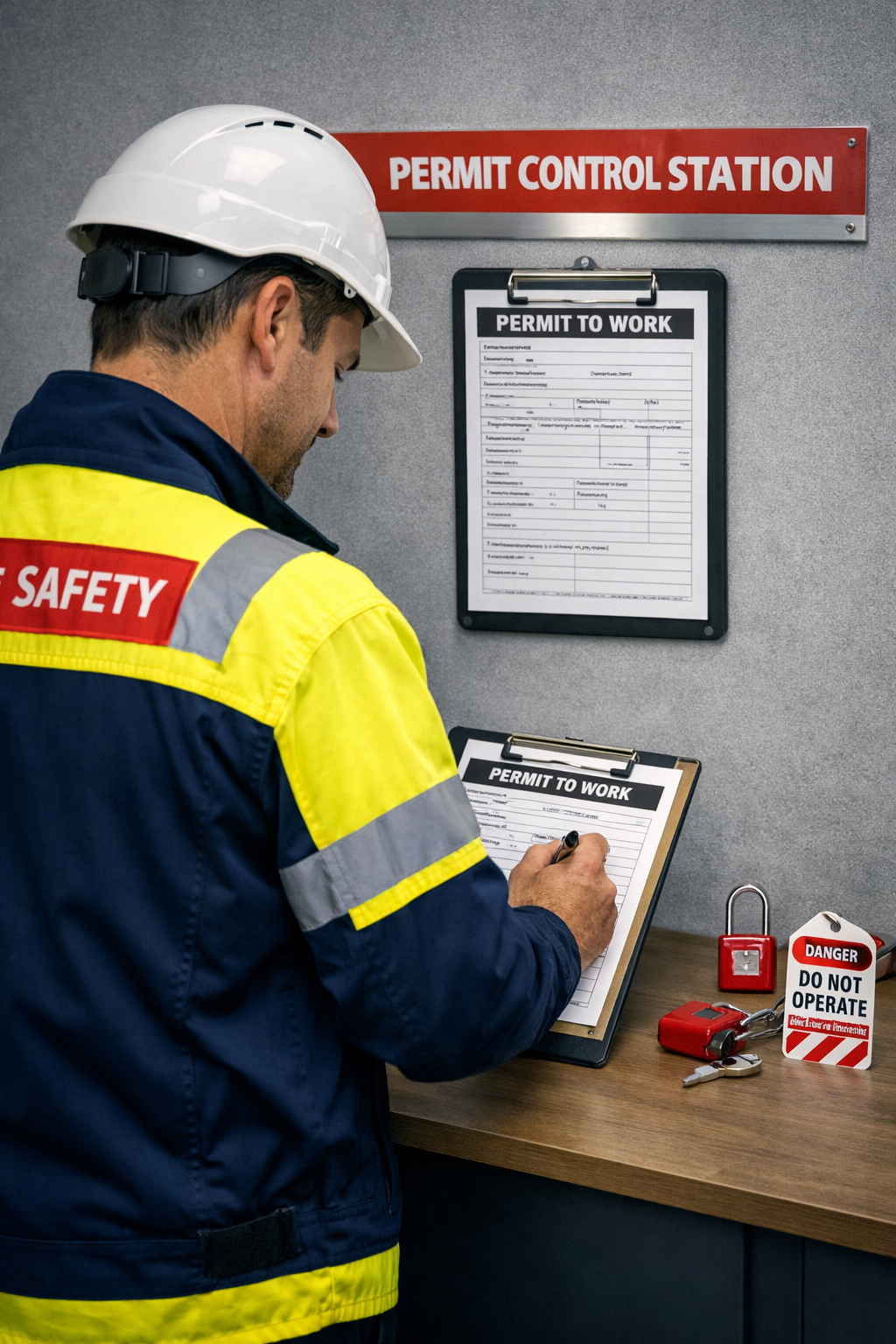 A worker in safety gear signing a permit to work at a permit control station, with visible permit to work document and safety signs on the desk.