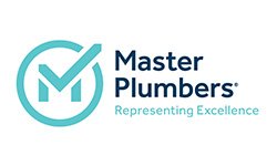 Master Plumbers logo with a blue circle, checkmark, and the text 'Master Plumbers' with the tagline 'Representing Excellence'