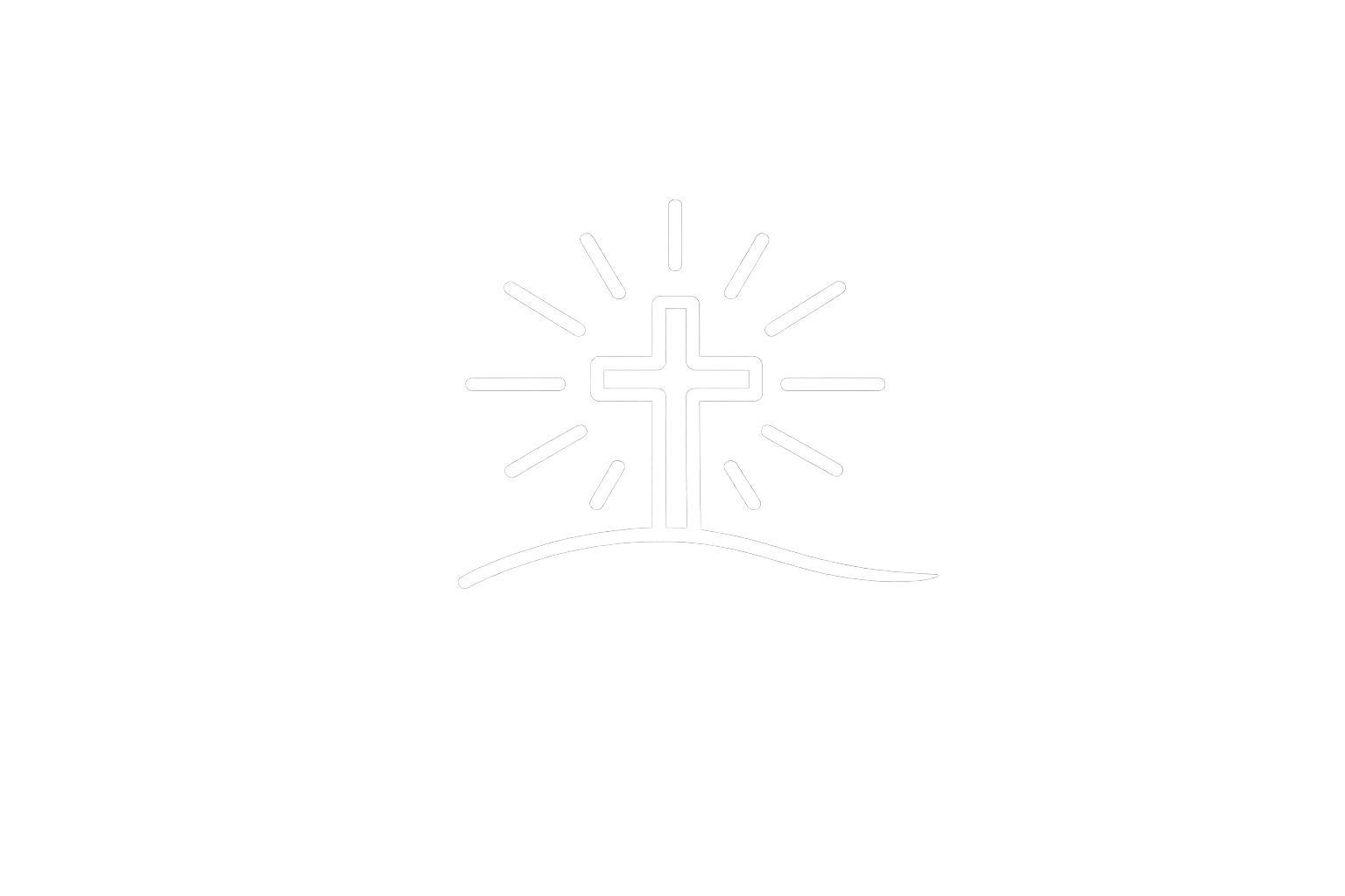 A simple white line drawing of a cross on a hill, with radiant lines emanating from it, on a black background.