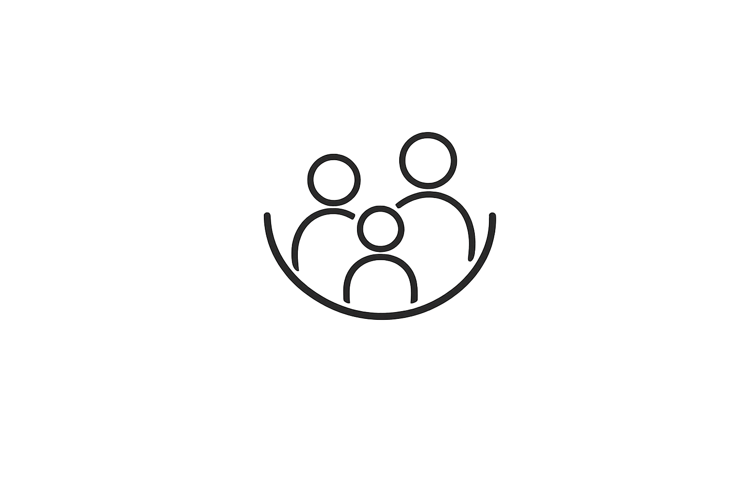 Line drawing icon of a family with two adults and one child, enclosed in a circle.