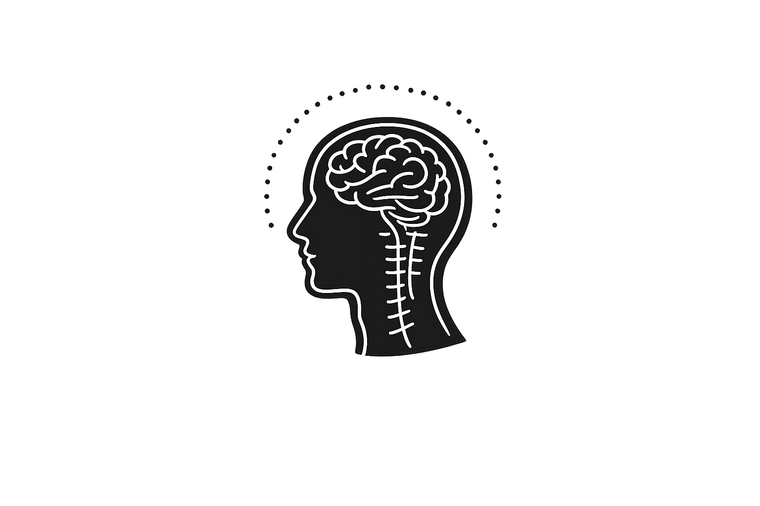 A stylized graphic of a human head in profile with an exposed brain and spine, outlined in white on a black background.