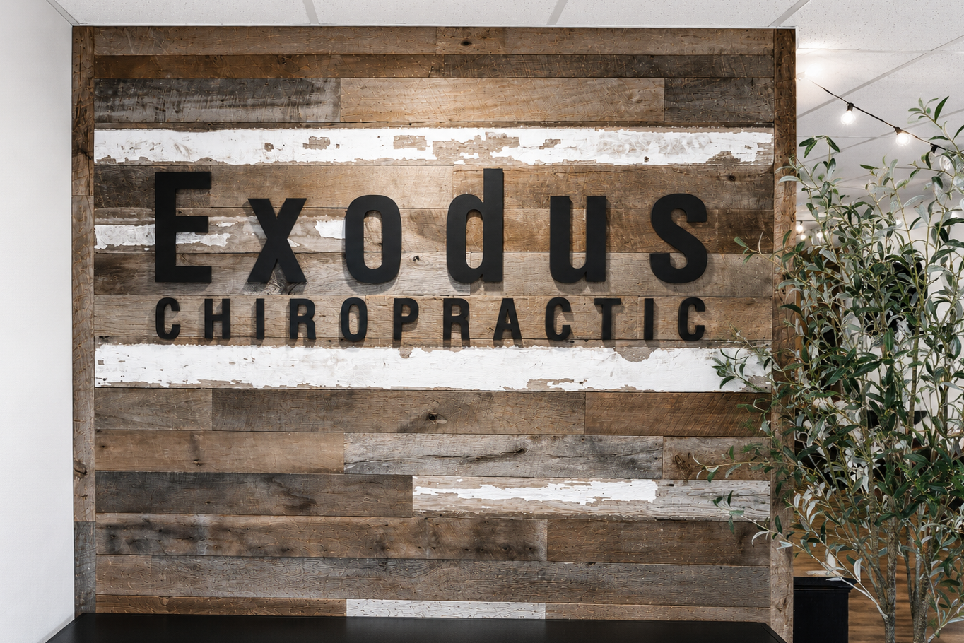 Interior wall with wooden planks and black letters spelling 'Exodus Chiropractic'. A plant is on the right side and string lights are hanging from the ceiling.