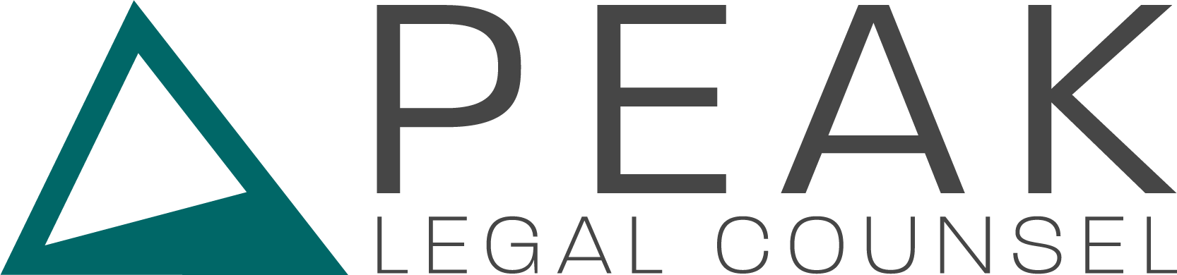 Logo with a stylized mountain shape and the words "PEAK LEGAL COUNSEL" in modern font.