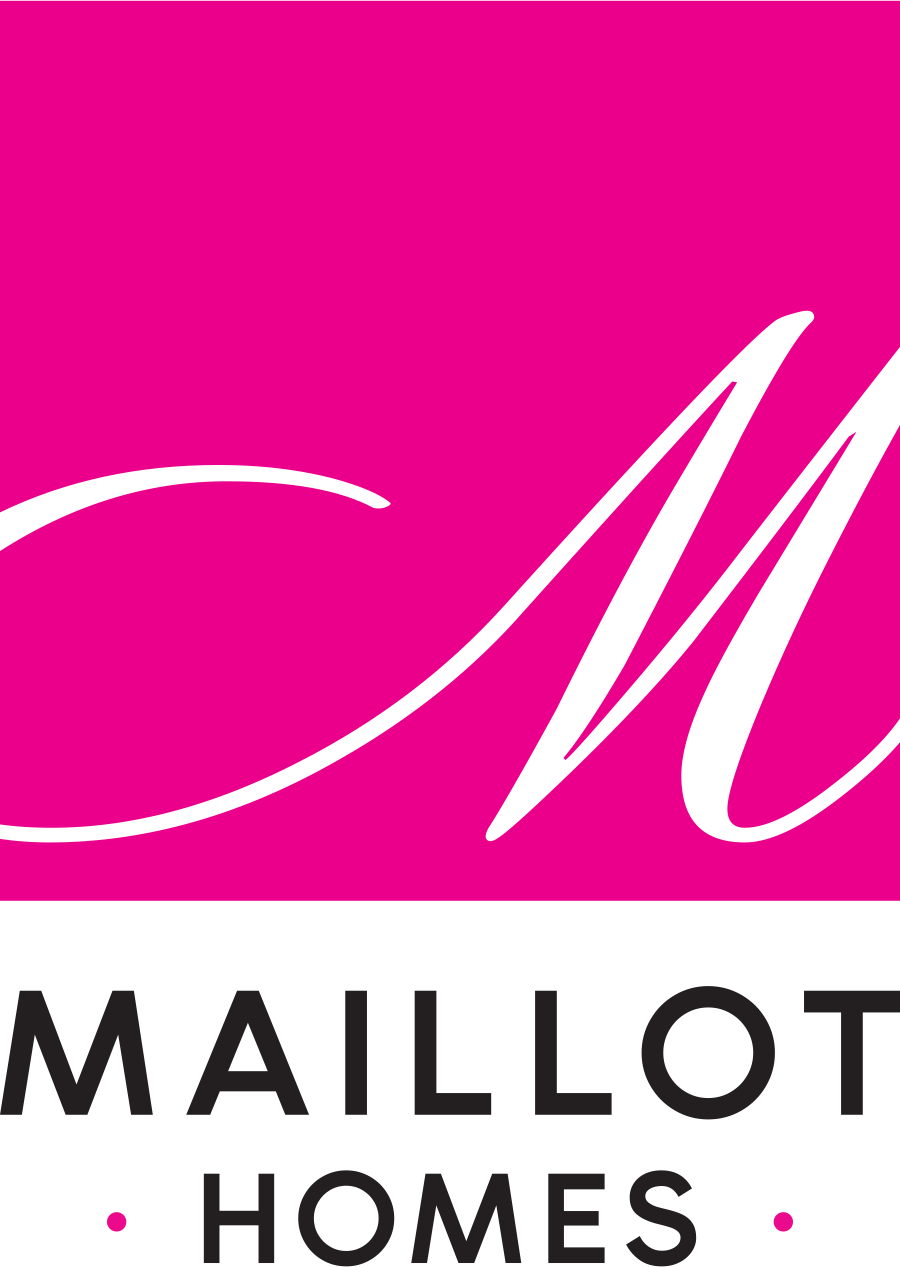 Logo for Maillot Homes featuring a pink background with stylized black cursive and straight lines and the company name in black capital letters.