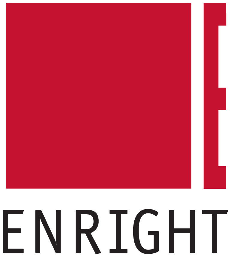 Enright logo with a large red square and stylized black and red stripes on the right side.