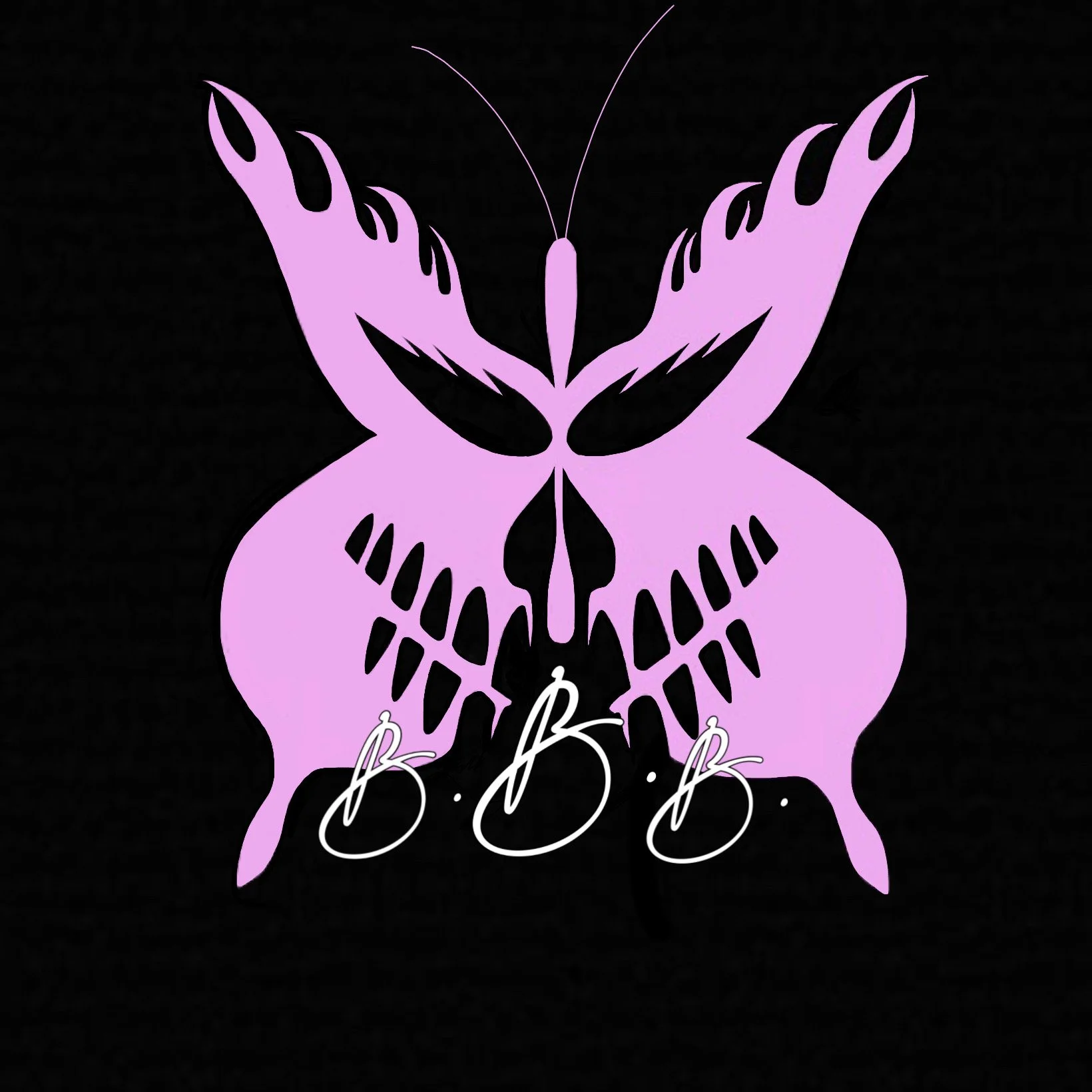 A stylized pink butterfly with black accents and white cursive text reading 'B.B.B.' on a black background.