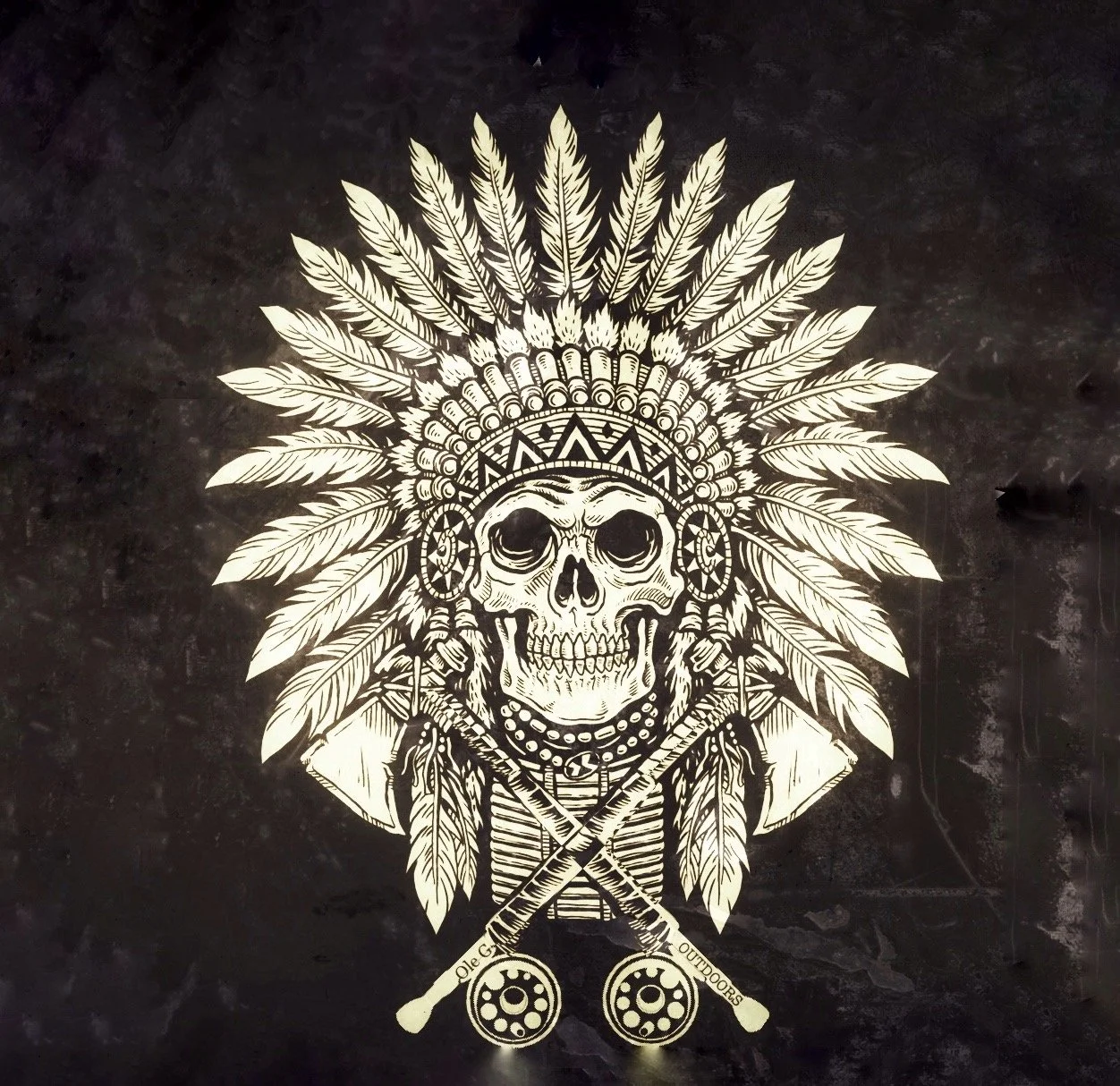 A graphic illustration of a skull wearing a Native American headdress with feathers, earrings, and a necklace, crossed by two fly rod/reels with the text 'Ole G Outdoors' , all set against a dark background.