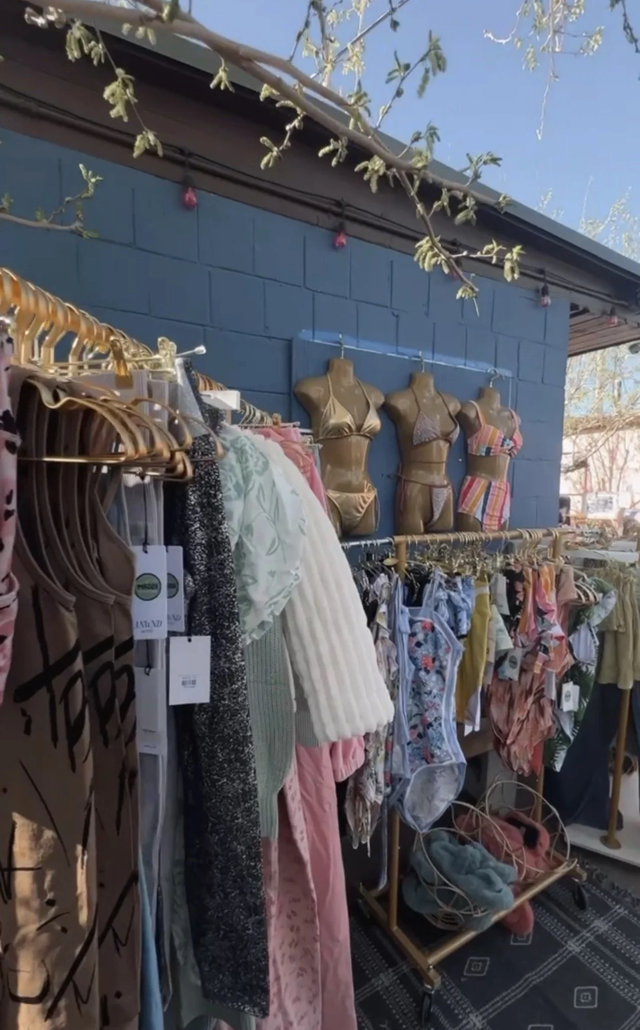 Outdoor clothing store display with mannequins wearing swimsuits, a rack of dresses and tops, and a leafy tree branch above against a clear blue sky.