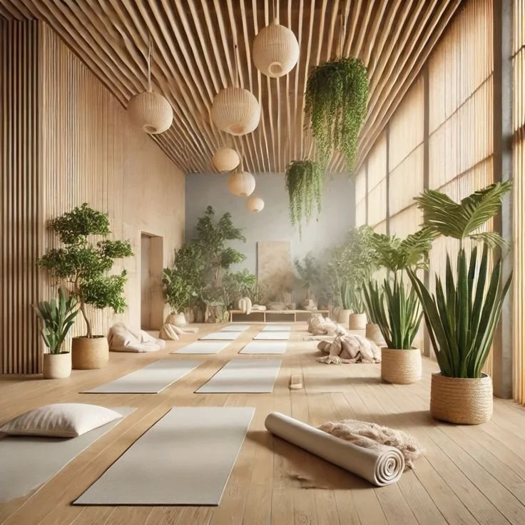 A peaceful yoga studio with wooden floors, ceiling, and wall accents, featuring a row of yoga mats, pillows, and roller on the floor. The room is decorated with large potted plants, hanging greenery, and round paper lanterns, with natural light comin