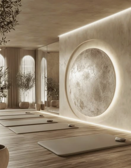 A calm, modern yoga studio with mats and props, soft lighting, large windows with curtains, and minimalist decor.