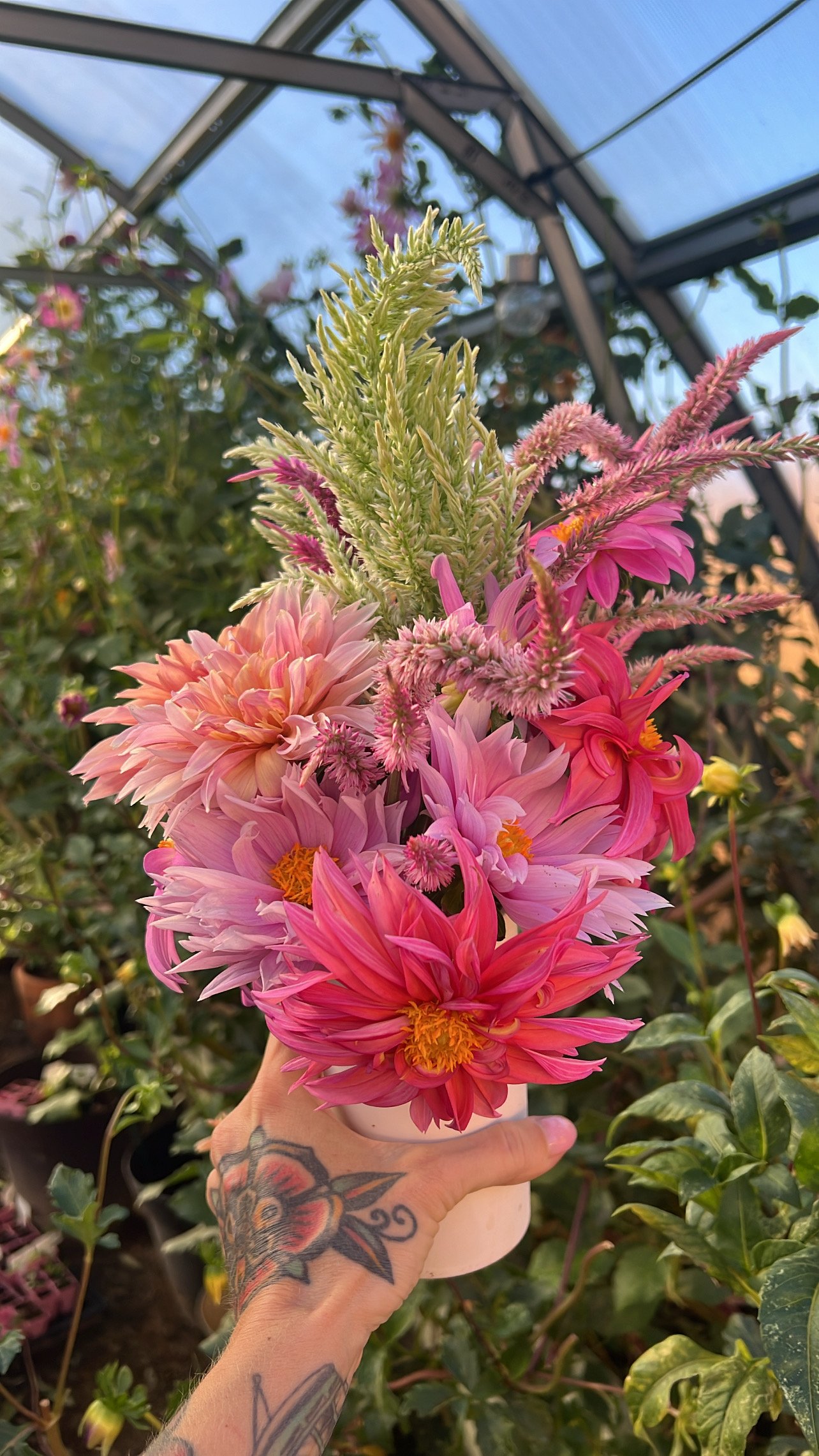 A person holding a cup filled with a vibrant arrangement of pink and orange flowers with green foliage inside a greenhouse.