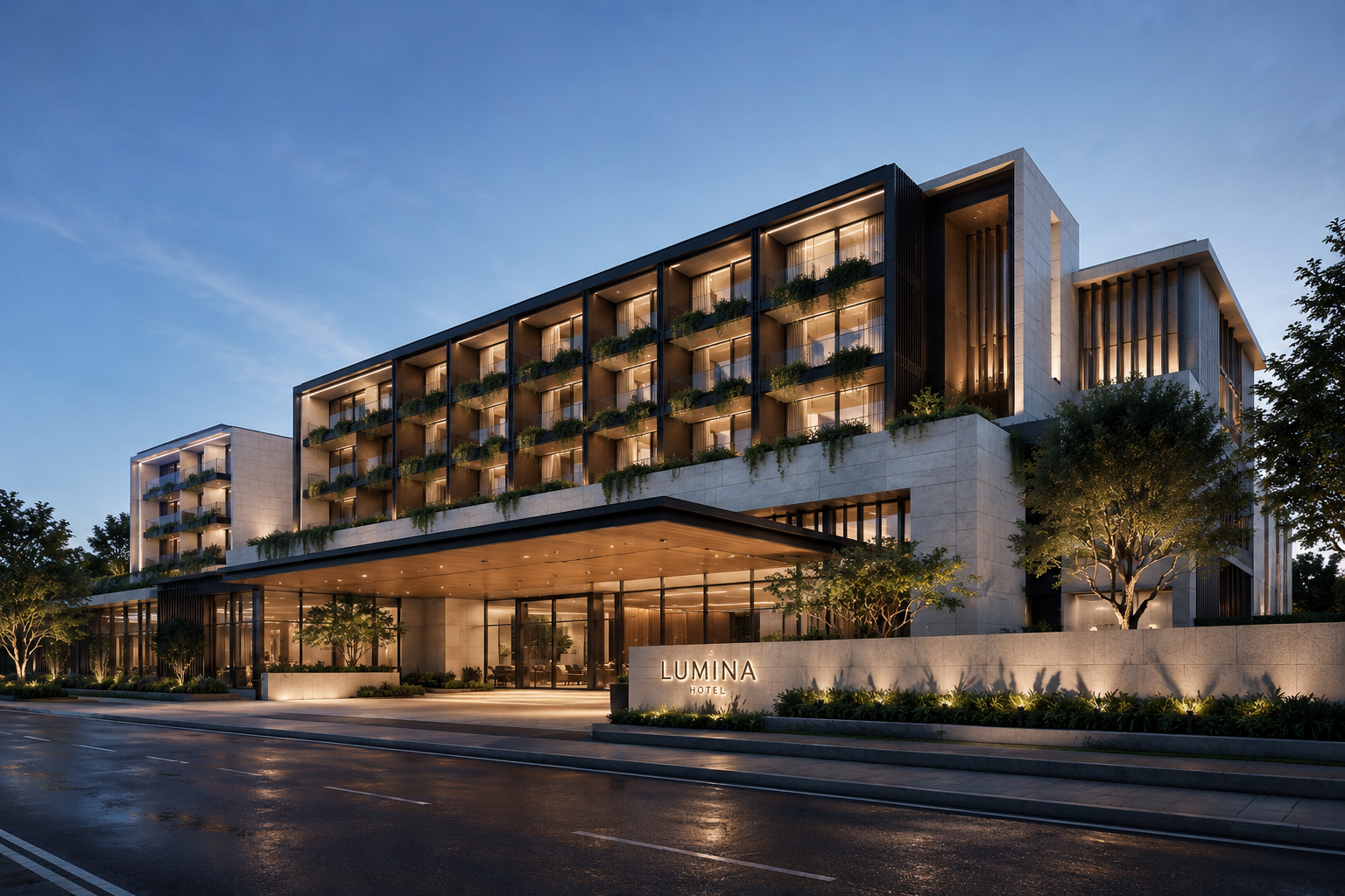 LUMINA HOTEL

A contemporary luxury hotel designed to elevate the guest experience through thoughtful architecture, natural light and refined material selection.

The design embraces a calm and sophisticated aesthetic, with generous glazing, landscap