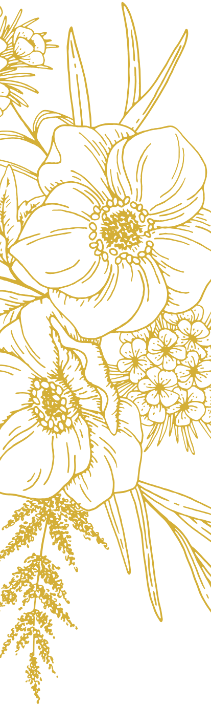Gold floral line art on black background with roses and other flowers.