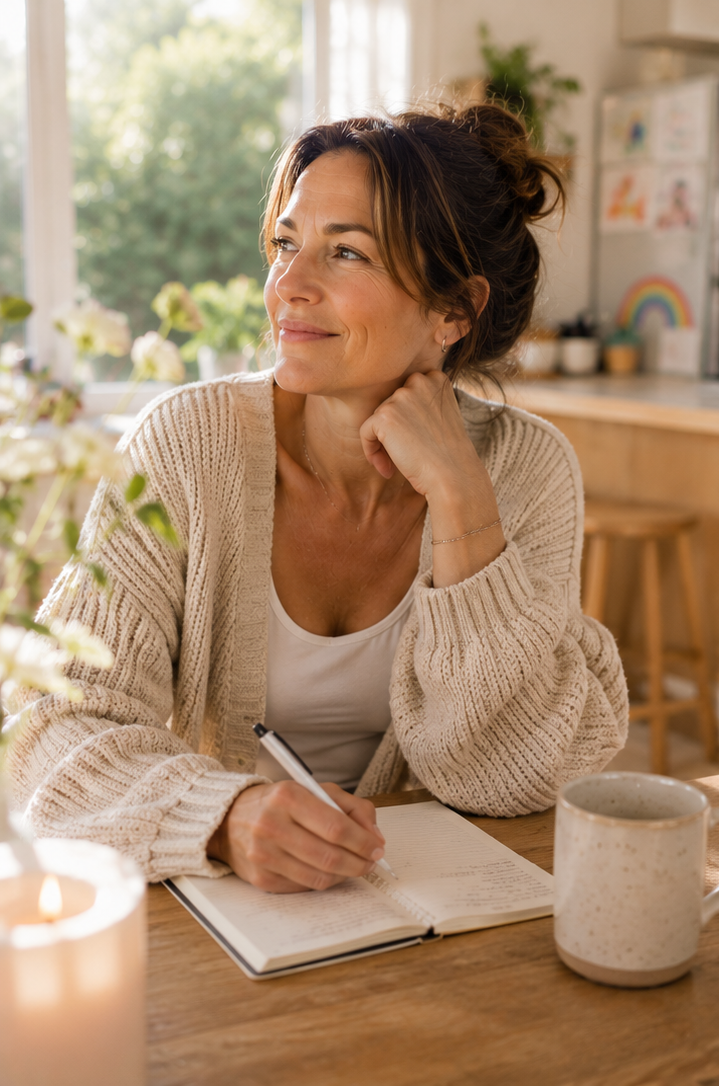 Woman in a beige sweater writing in a notebook at a wooden table with a mug and candle in a cozy kitchen.